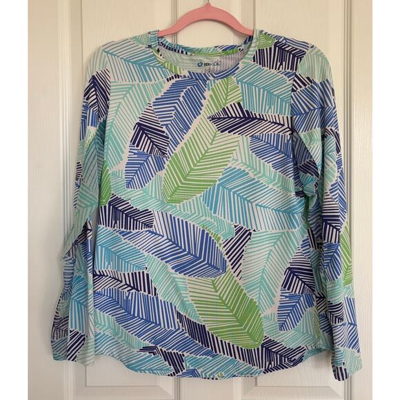 IBKUL Medium Long Sleeve Mesh Arm Shirt Palm Tropical Blue Green - Picture 1 of 4